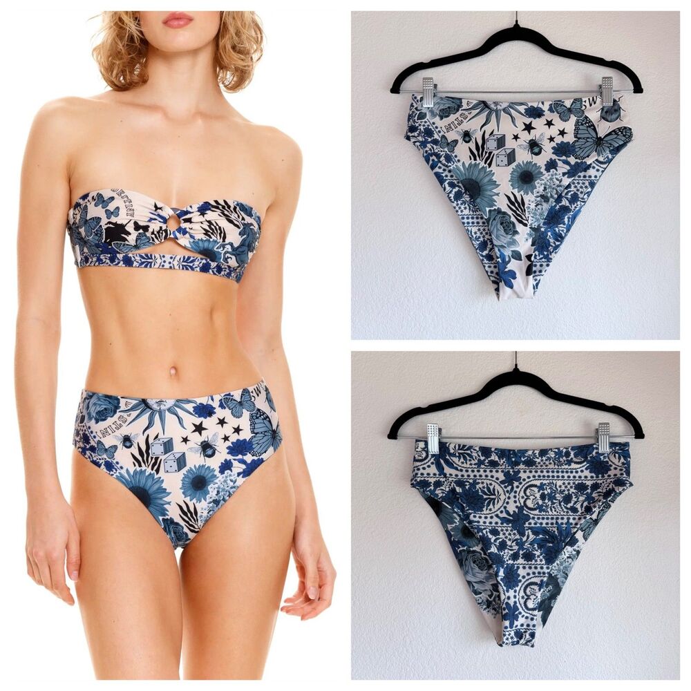 Agua Bendita Penelope High Waisted Reversible Bikini Bottoms Blue White NWOT L
